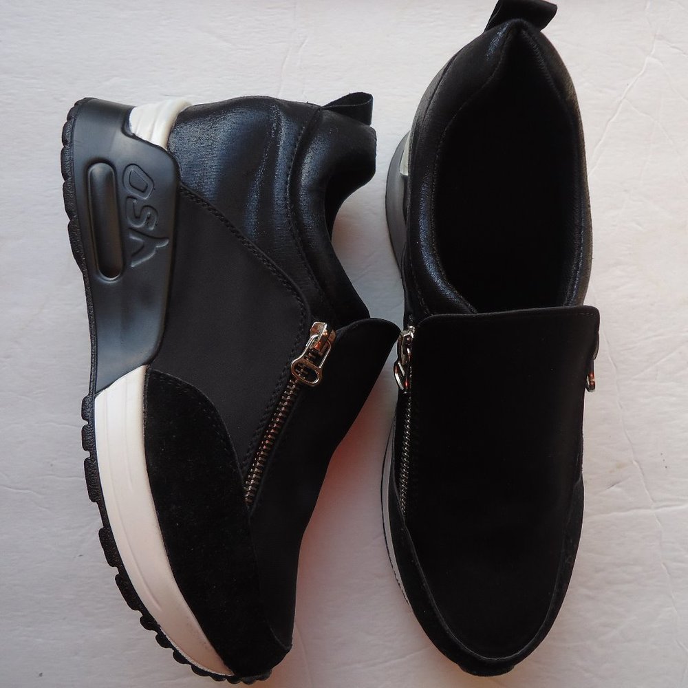 SIZE 8. Black faux leather double zip wedge sneaker shoes.